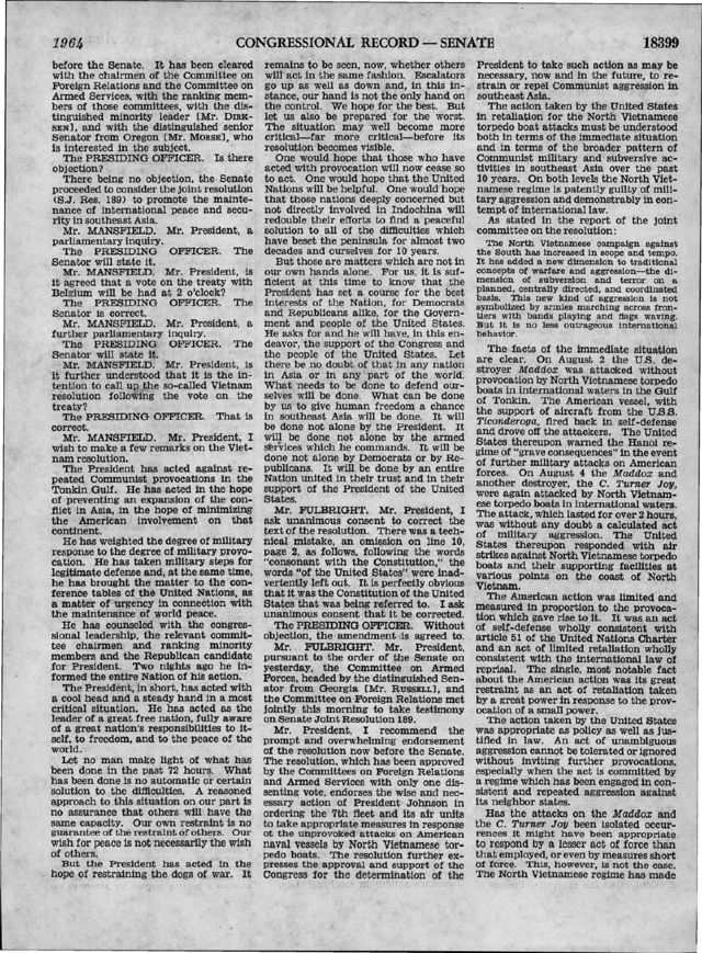 Congressional Record, Senate, 6 Aug 1964, p. 18399 (page image)