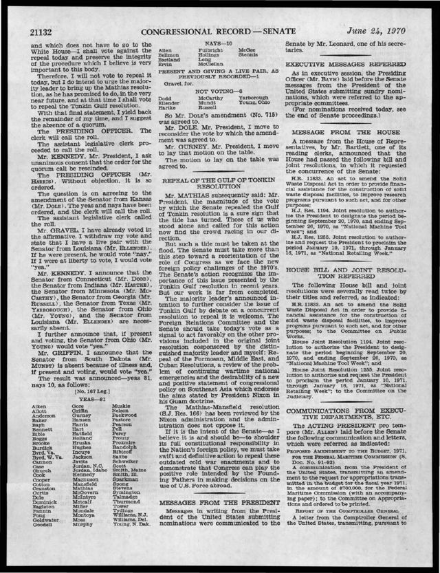 Congressional Record, Senate, 24 Jun 1970, p. 21132, roll call on the Dole amendment (page image)